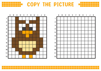 Fototapeta premium Copy the picture, complete the grid image. Educational worksheets drawing with squares, coloring cell areas. Preschool activities, children's games. Cartoon vector illustration, pixel art. Brown owl.