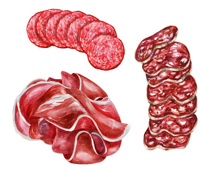 Italian delicacies prosciutto, soppressata and salami. Watercolor illustration