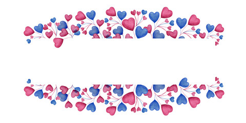 Romantic design with watercolor branches with pink ana blue heart shaped leaves with space for text isolated on white background.