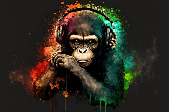  a monkey with headphones on its ears and a colorful background with paint splatters on it's face and a black background with a black background with a black background.  generative ai