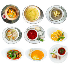 Assortment of different soups. Appetizing popular dishes. Collage, set. Top view. Close-up. Isolated on white background. Square format.