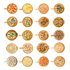 Assortment of different pizzas. Traditional popular appetizing dish of Italian cuisine. Collage, set. Isolated on white background. Square format. Top view.