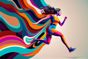Woman jump, leap of faith colorful