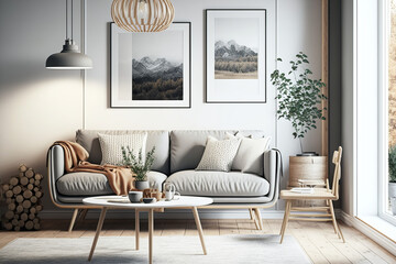 A Modern Scandinavian Living Room with a Sleek and Minimalistic Design, Ideal for Home Decor and Concept Illustration, Captured in a Stunning Panoramic View