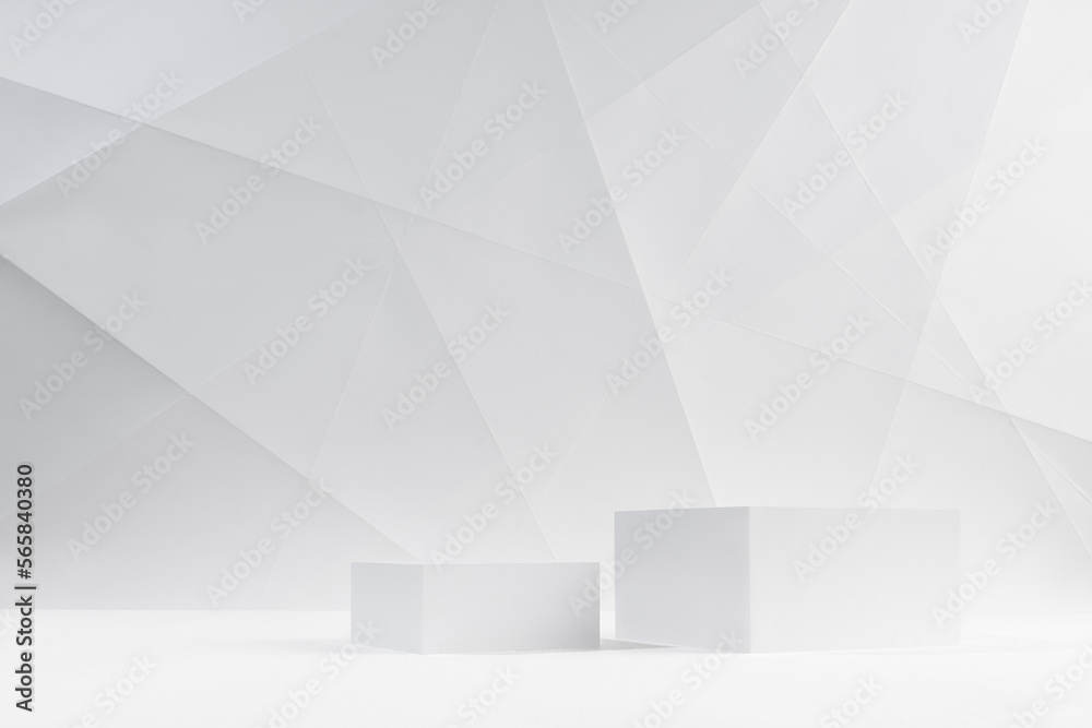 Wall mural white modern stage with two square podiums in hard light mockup in white interior with lines and ang