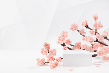 Fresh lush pink sakura flowers in sunlight on branch with rectangle white podium mockup in white interior in geometric minimal style for presentation cosmetic products, goods, branding, design.