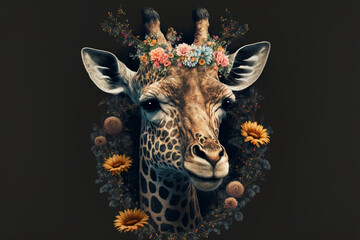 Giraffe logo. Giraffe symbol. Vector illustration. Logo, symbol, icon. sign, mascot. Giraffe with flower crown. Beautiful giraffe. Isolated background. Generative AI