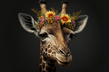 Giraffe with flower crown. Beautiful giraffe. Vector illustration. Artwork. Portrait. Isolated background. Generative AI
