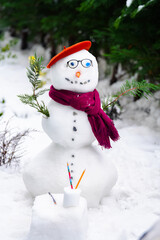 The portrait of a snowman in the garden. Close up view with a snow man build in backyard. Winter...