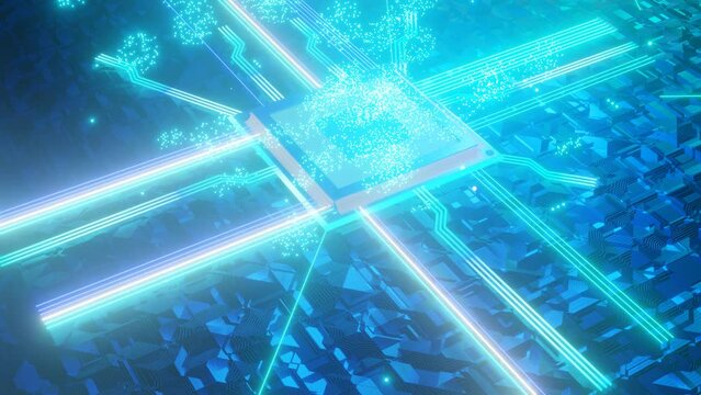 electronic circuit animation as 3d modeling and light blue emission. particles for your background stuff.