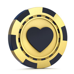 Golden casino chip with heart isolated on white background. Poker concept. 3d Illustration. 