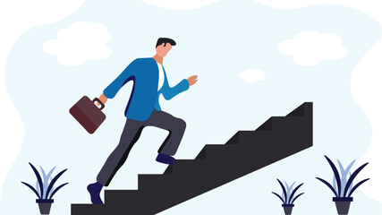 Ladder of success. Success in business, career opportunity or business growth to reach target concept, successful businessman step up on stairs.  Goal and achievement concept. Flat vector Illustration