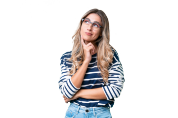 Young Uruguayan woman over isolated background having doubts while looking up