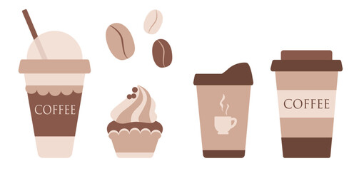 Vector illustration set  disposable coffee cup icons and chocolate cupcake icon on white background. 