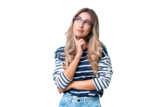 Young Uruguayan woman over isolated background having doubts while looking up