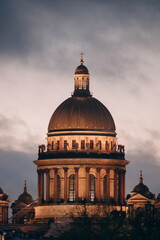 Orthodox church with the style of classicism. View at night by the light of lanterns.