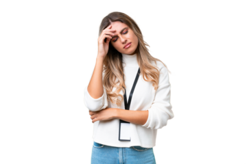 Young Uruguayan woman with ID card over isolated background with headache