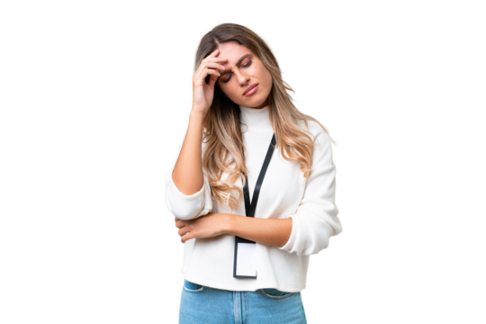 Young Uruguayan woman with ID card over isolated background with headache