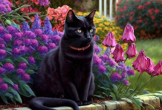 black cat in colorful flowers garden