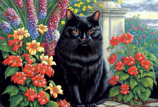 black cat in colorful flowers garden