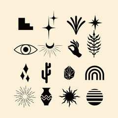 Boho bohemian mystic element style aesthetic icon, symbol scandinavian sticker, poster set bundle template editable