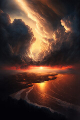 Dramatic and powerful dark red sunset over the ocean. Stormy Landscape.. Sea landscape. generative ai