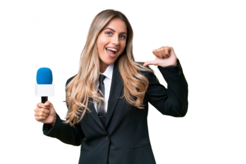 Young pretty Uruguayan tv presenter over isolated background proud and self-satisfied