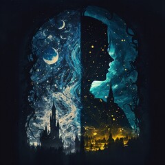 Obraz premium Artsy Dual wallpaper, starry night, girl silhouette