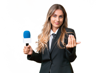 Young pretty Uruguayan tv presenter over isolated background inviting to come with hand. Happy that you came