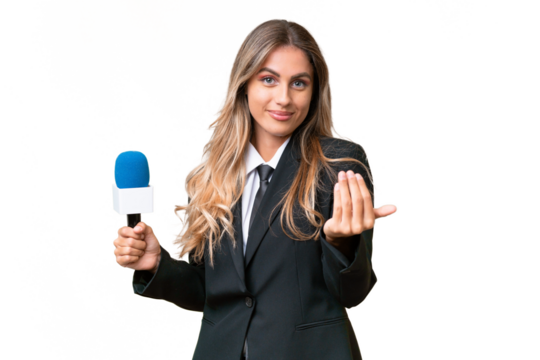 Young pretty Uruguayan tv presenter over isolated background inviting to come with hand. Happy that you came