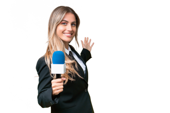 Young pretty Uruguayan tv presenter over isolated background extending hands to the side for inviting to come