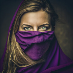 Empowered Feminine Portrait. A Stunning Image of a Feminist Woman with Violet Fabric Wrapped Around Her Face, Leaving Her Expressive Eyes Unveiled