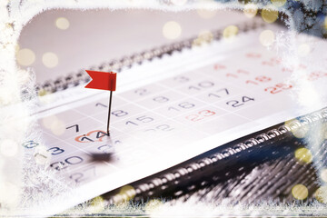 Valentines day. Calendar for with circled date february 14. snow background, valentine's day concept