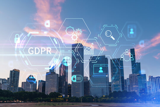 Chicago skyline from Butler Field to financial district skyscrapers at sunset, Illinois, USA. Parks and gardens. GDPR hologram, concept of data protection regulation and privacy for individuals