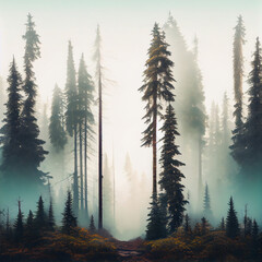 Foggy fir forest , created with Generative AI technology.