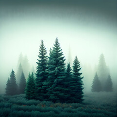 Foggy fir forest , created with Generative AI technology.
