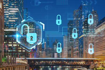 Panorama cityscape of Chicago downtown and Riverwalk, boardwalk with bridges at night time, Chicago, Illinois, USA. The concept of cyber security to protect companies confidential information
