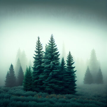 Foggy fir forest , created with Generative AI technology. © Janis Smits