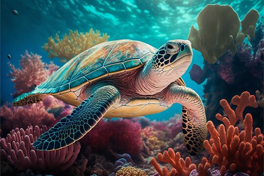 Green sea turtle swimming among colorful coral reef in beautiful clear water. Generative Ai.