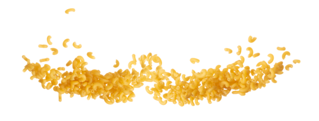 Macaroni flying explosion, yellow macaronis pasta float explode, abstract cloud fly. Curved macaroni pasta splash throwing in Air. White background Isolated high speed shutter, freeze motion