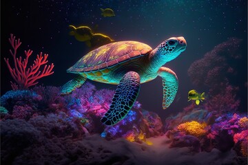 Fototapeta na wymiar Colorful illustration of a sea turtle swimming over coral reefs. Generative AI.