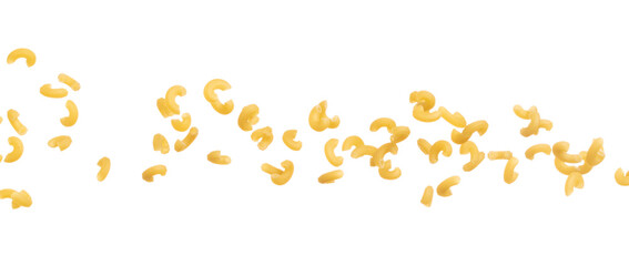 Macaroni fall down in group, yellow macaronis pasta float explode, abstract cloud fly. Curved macaroni pasta splash throwing in Air. White background Isolated high speed shutter, freeze motion