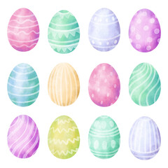 Watercolor set of colorful Easter eggs with ornament. Happy Easter art isolated on white background. Collection of hand-drawn pastel Easter eggs.
