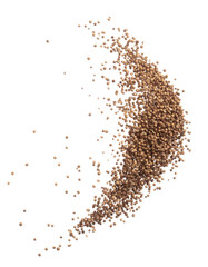 Coriander seed fly explosion, brown coriander seed float explode, abstract cloud fly. Dried coriander seeds splash throwing in Air. White background Isolated high speed shutter, freeze motion