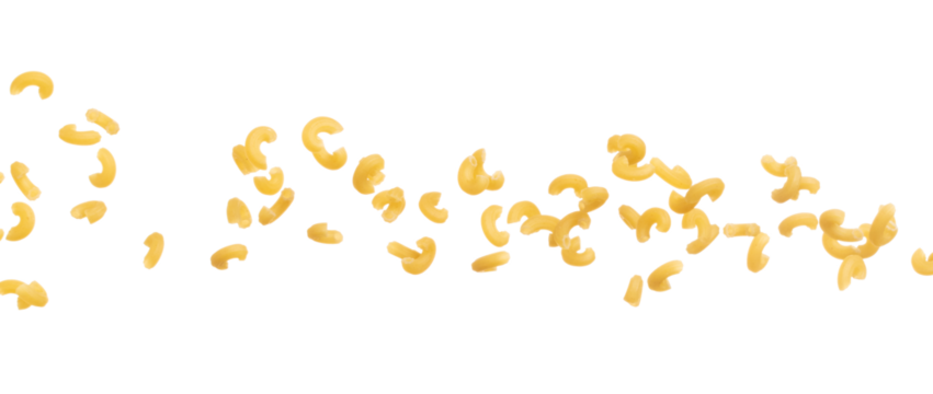 Macaroni fall down in group, yellow macaronis pasta float explode, abstract cloud fly. Curved macaroni pasta splash throwing in Air. White background Isolated high speed shutter, freeze motion