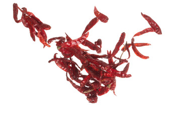 Dried Red hot Chilli fall down explosion, dried Red Chilli float explode, abstract cloud fly. Dried Red hot Chillis splash throwing in Air. White background Isolated high speed shutter, freeze motion