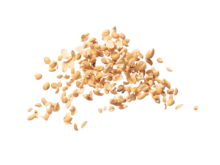 Roasted Peanut bean fly explosion group, Roasted Peanut bean float explode, abstract cloud fly. Roasted Peanut beans splash throwing in Air. White background Isolated high speed shutter, freeze motion