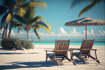 Fototapeta na wymiar Sun loungers on a picturesque tropical beach. AI generated.