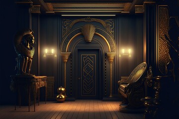 Black room interior in ancient Egyptian style, gold decor, fantasy interior. Ancient Egypt, black interior, gold, night lights, shadows-  Generative AI