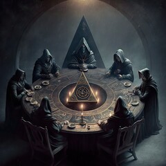 Illuminati, Secret Society on a round table making moves for the world, black cloaks, Dungeon,-  Generative AI